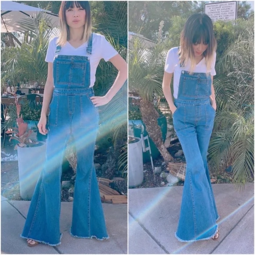 Boho Denim Vintage Style Flared Bell Bottom Wide Leg Overalls - Picture 8 of 8